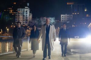 (L-R) Daniel Blake (Michael Gandolfini), Sheila Rivera (Zabryna Guevera), Wilson Fisk / Kingpin (Vincent D’Onofrio), and Buck Cashman (Arty Froushan) in Marvel Television's DAREDEVIL: BORN AGAIN, SEASON 2 exclusively on Disney+. Photo by Jojo Whilden. © 2026 MARVEL.